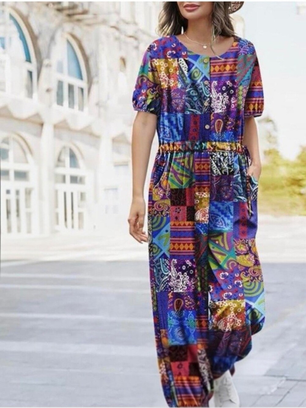 Boho Patchwork Cotton Jumpsuit Romper Festival Wide Leg Cropped One Piece Pocket